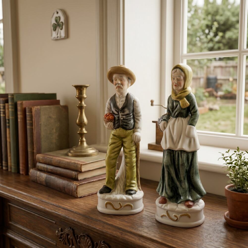 Large Vintage Flambro Farmer and Wife Figurines | Rustic Porcelain Couple 12"